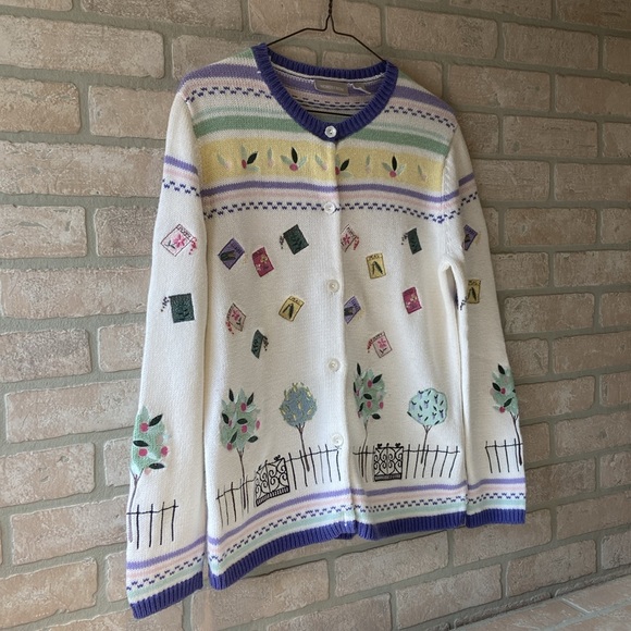 Vintage 90s Nordstrom Spring Garden Seed Embroidered Cardigan Sweater - Picture 2 of 9